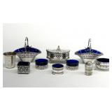 GROUP OF COBALT LINED SILVER PLATED TABLEWARE
