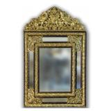 BRASS ARMORIAL MIRROR, BEVELED GLASS CENTER PANEL