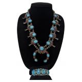 STERLING SILVER TURQUOISE & CORAL SQUASH BLOSSOM