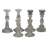3 PAIR OF CLEAR GLASS CANDLESTICKS, 1 PETAL LOOP &