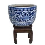 CHINESE BLUE & WHITE JARDINIERE,18" X 12" W/ STAND