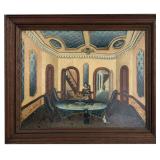OIL/CANVAS AMERICAN SCHOOL INTERIOR, FAMILY & CAT