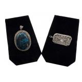 CHRYSOCOLLA IN 18KT BEZEL WITH PAVE DIAMONDS & 14K