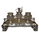 ENGLISH STERLING & CRYSTAL DESK STAND W/ INK POTS