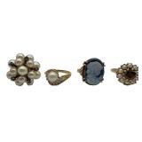 4- 14KT GOLD RINGS, 3 WITH PEARLS & 1 CAMEO