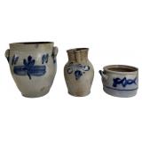 3 PCS COBALT DECORATED SALT GLAZED EARTHENWARE