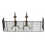 18THC. STEEPLE TOP ANDIRONS & WIRE & SPARK GUARD