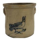 6 QT STONEWARE CROCK WITH COBALT BIRD DECORATION
