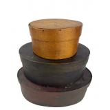 3 PANTRY BOXES, 2 OVAL IN PAINT & 1 ROUND NATURAL
