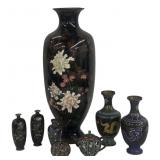 8 PCS CLOISONNE INC. 24" VASE,  PR OF 6" VASES,