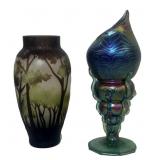 LOETZ GLASS SEA SHELL VASE & CAMEO VASE, UNSIGNED