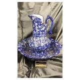 Blue and white ironstone pitcher and basin
