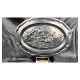 Pewter platter with boar hunt scene easel not