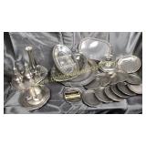 Large Group of pewter with shaker set, saucers,