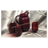 Vintage ruby red water pitcher and 3 tumblers