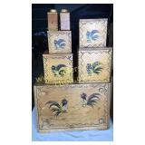 Vintage wooden rooster bread box and canister set