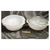 3 vintage white Pyrex casserole dishes one with