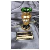 Green bohemian hand painted bud vase with gold