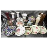 Group of lefton, saucers, cranberry and other