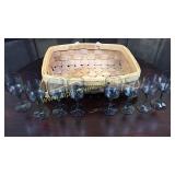 8 smoke glass cordials in basket