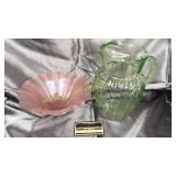 Pink depression bowl and green depression pitcher