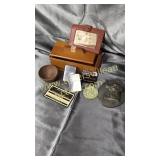 Vintage lighters and wood box, collectibles