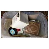 Tote with dishes and Christmas decor