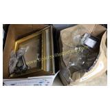 Box of glass vases and framed mirrors