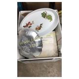 Box of collector plates, Tupperware and bakeware