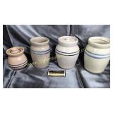 4 small blue band pottery jars