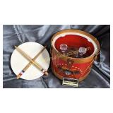 Vintage drum hidden bar decanter set