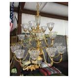 Very large ornate brass and crystal chandelier