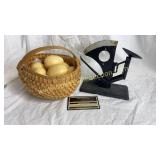 Egg scales and split oak basket with ceramic eggs
