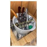 Marble trivet, scissors, knives, etc