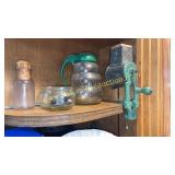 Vintage spice grinder, syrup pitcher, and other