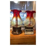 Pair of amberina crackle glass lanterns