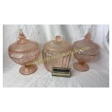 Pink depression cracker jar and 2 candy jars-