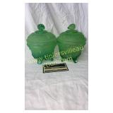Pair of matching green candy dishes