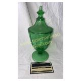 Green depression glass etched candy dish