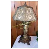 vintage Metal and slag glass cherub lamp