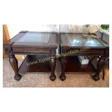 Heavy carved dark walnut finish glass top end