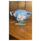 Roseville blue magnolia double handle rose bowl