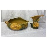 Roseville peony yellow bowl and repaired horn vase
