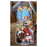 2 totes porcelain dolls, cabbage patch a small