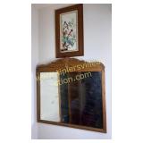 Oak carved mirror and bird print