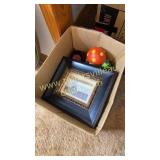 Box of decor, frames and knickknacks