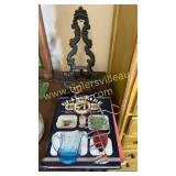 Tie rack and glassware collector book, metal