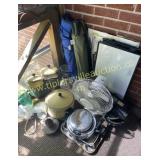 Group of miscellaneous cookware, fan, folding
