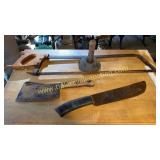 Collection of butchering tools- hog scraper, meat
