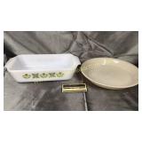 Fire King green flower loaf pan and ivory pie